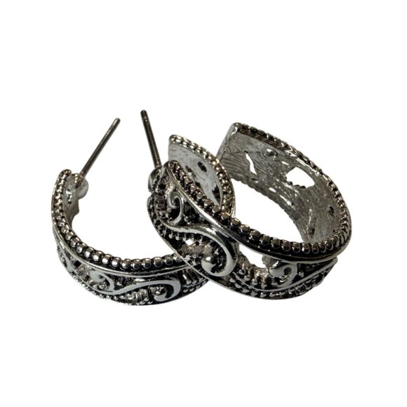 Y2K Silver Tone Textured Filagree Hoop Earring 3/4" Nickel Free Hypoallergenic - Picture 3 of 7